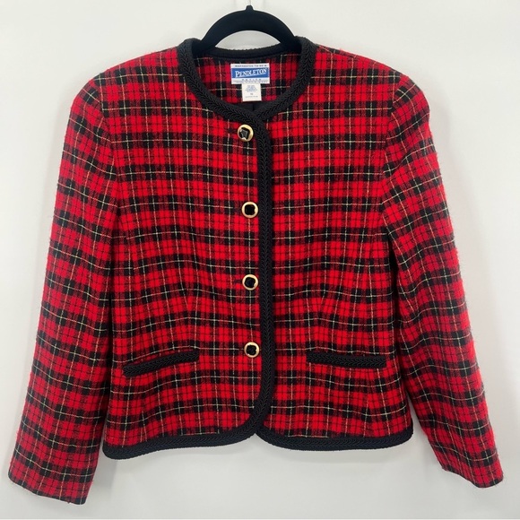 Vintage Pendleton Petite 100% Virgin Wool Tartan Plaid Red Blazer Jacket 10 y2k - Picture 9 of 11